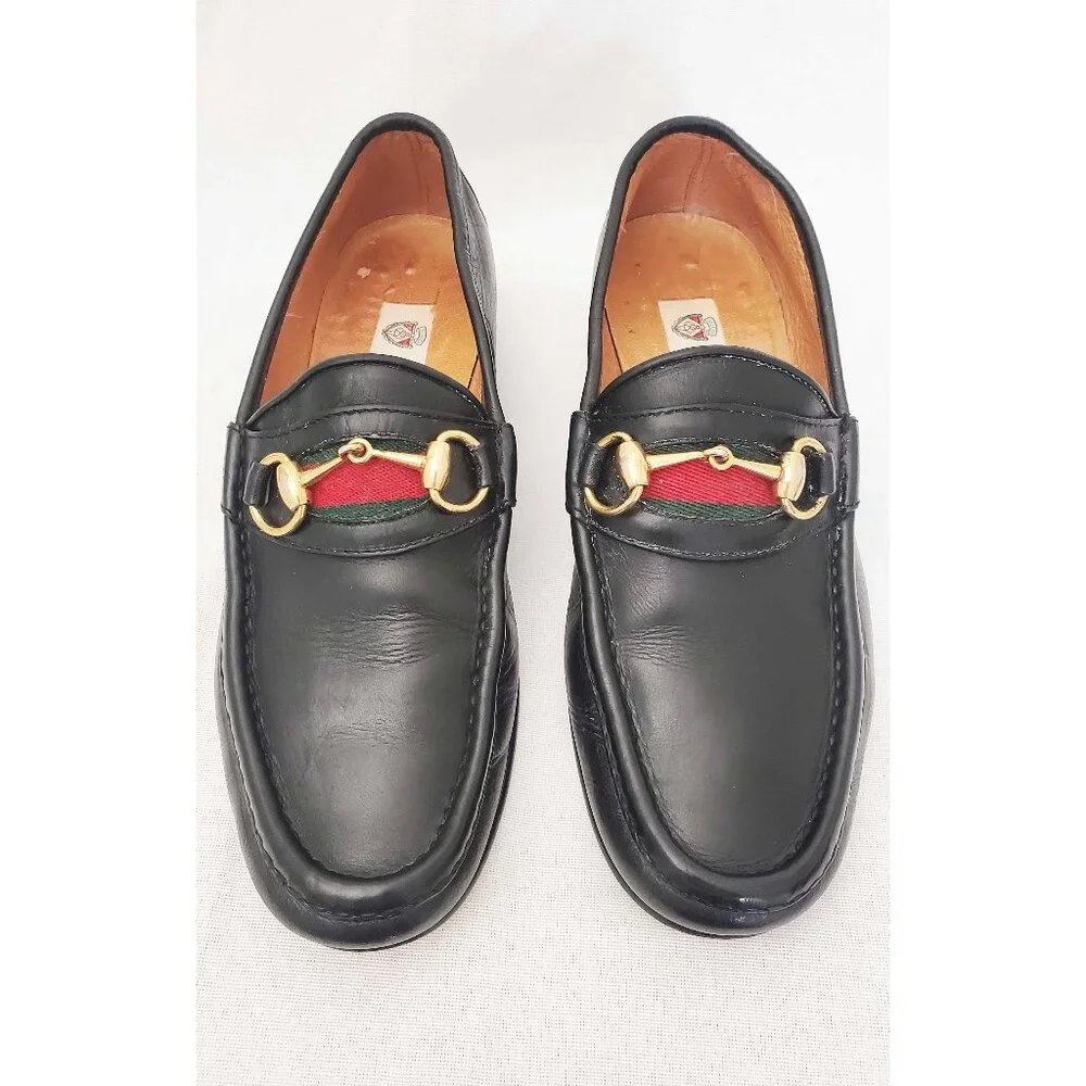 Vintage Gucci  Men’s Black Leather Gold Horsebit Loafers Shoes Green Red 41 M